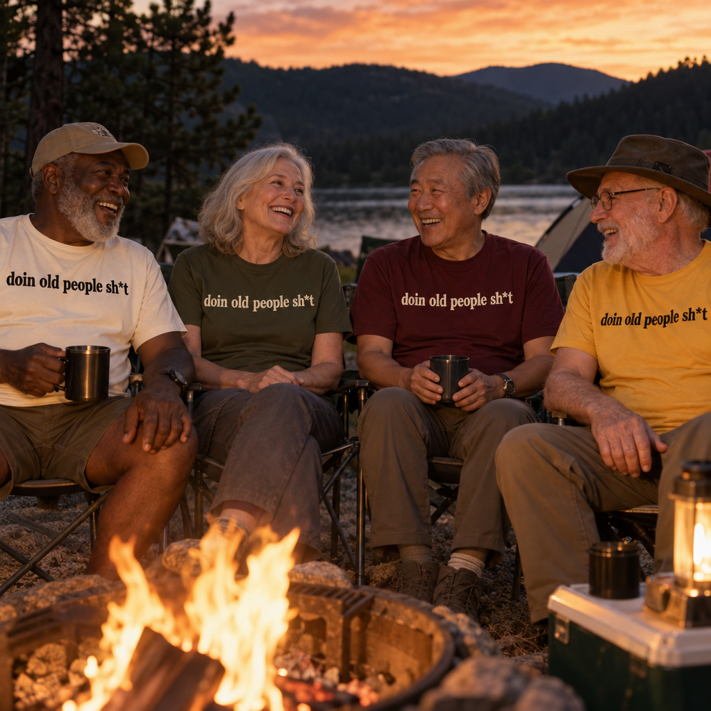 Friends around a campfire in DOPS.LIFE shirts