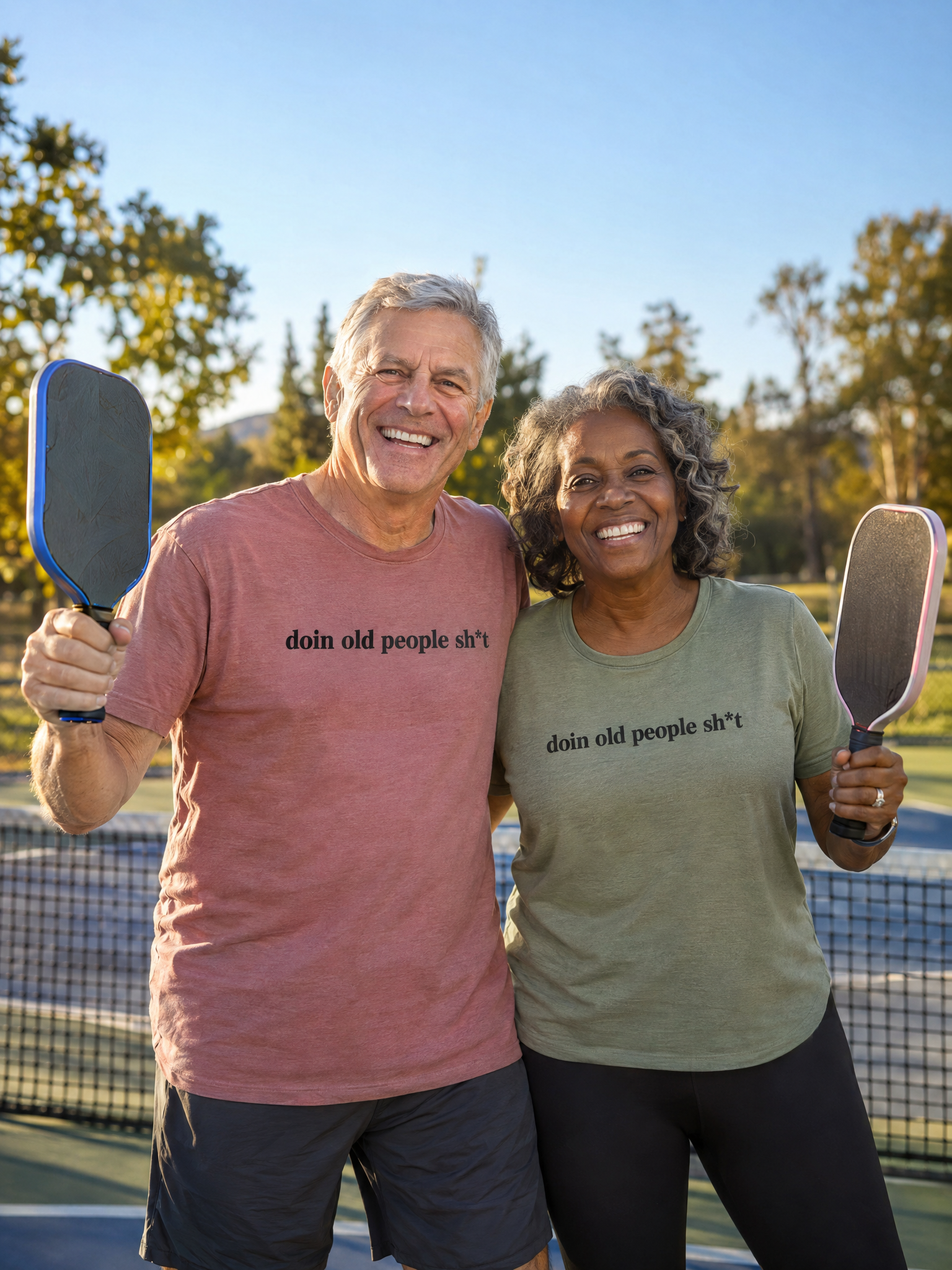 Interracial couple playing pickleball in DOPS.LIFE tees